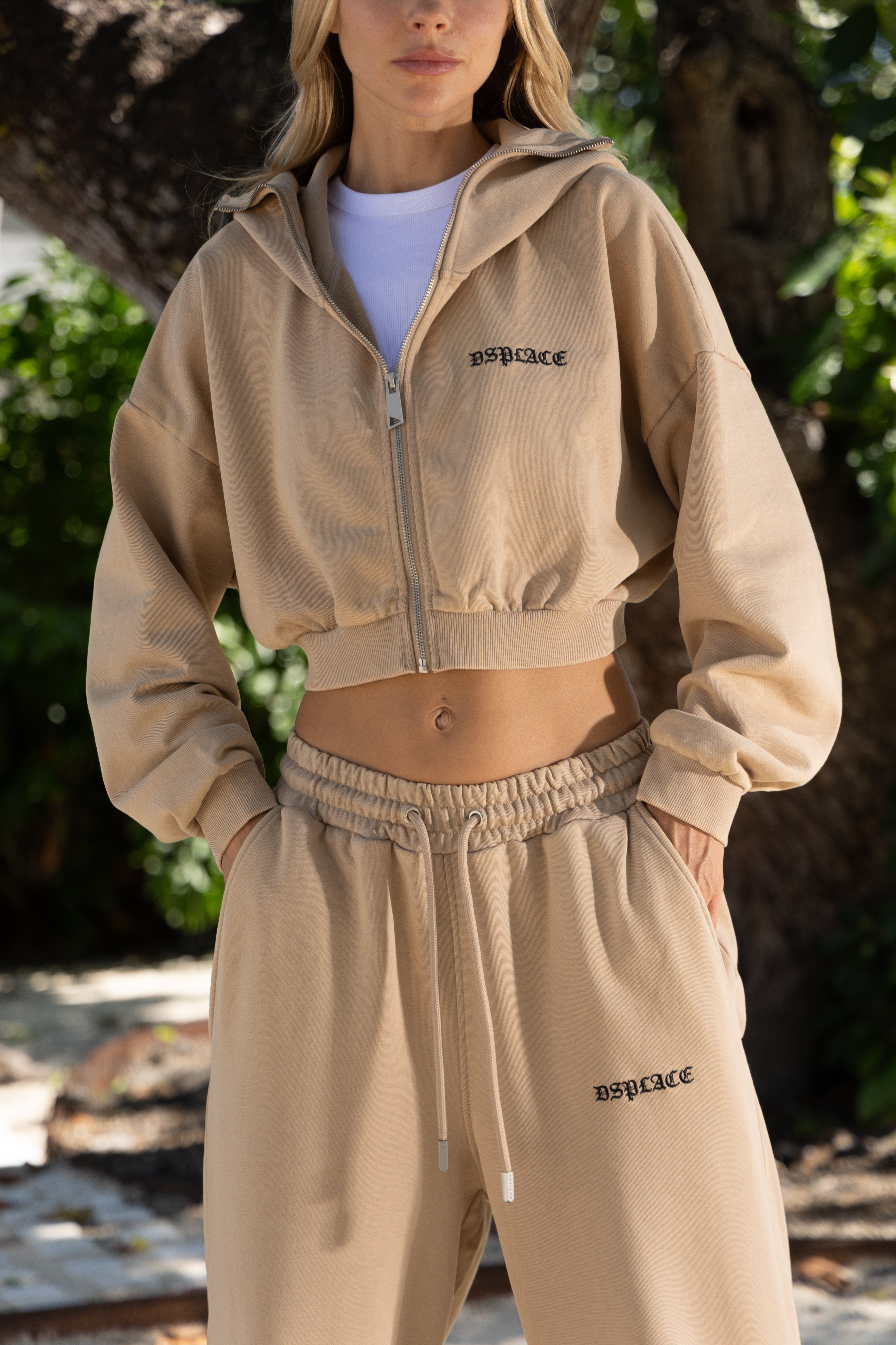 Zyra Cropped Zipper Hoodie - Tan