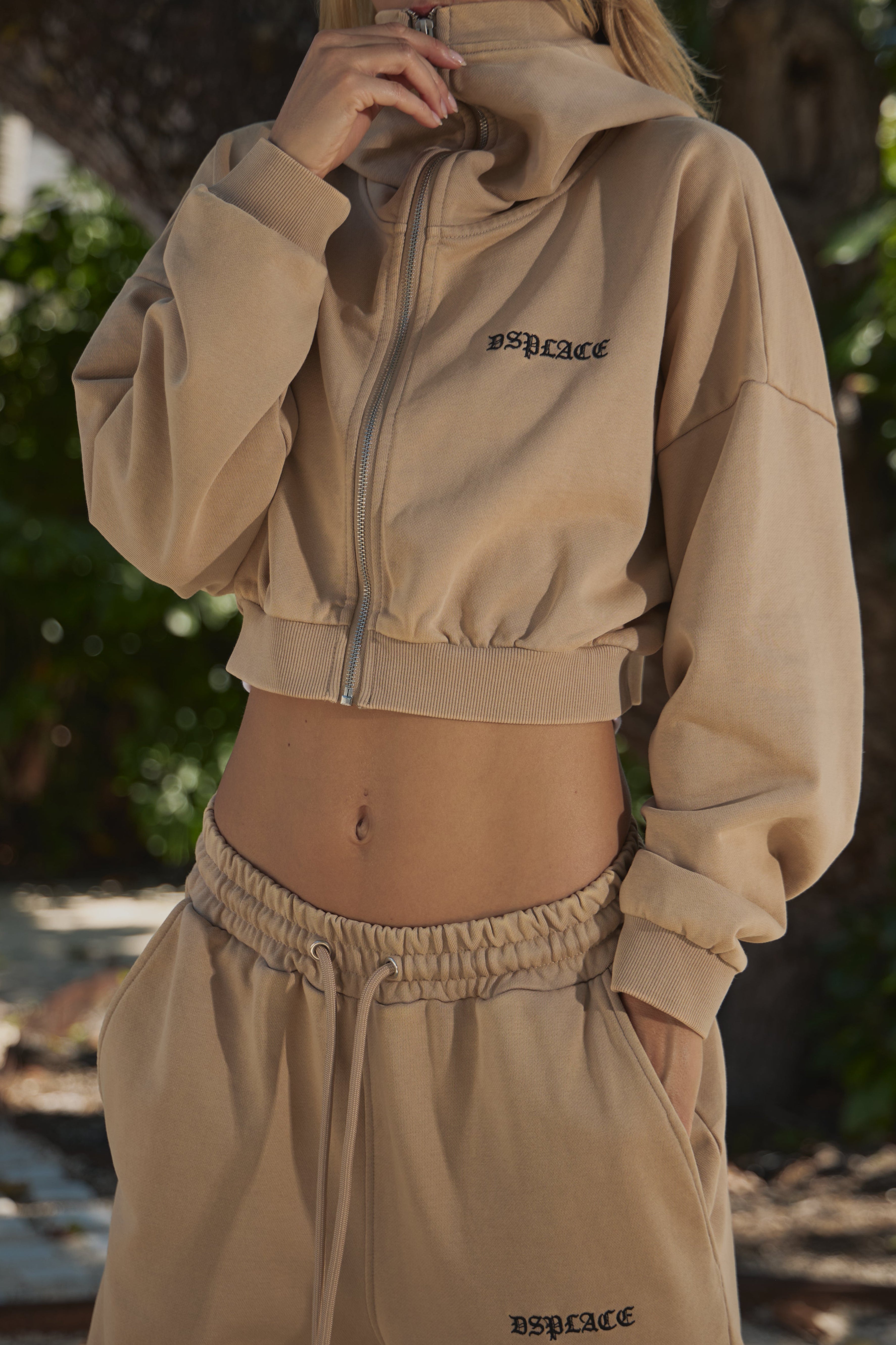 Zyra Cropped Zipper Hoodie - Tan
