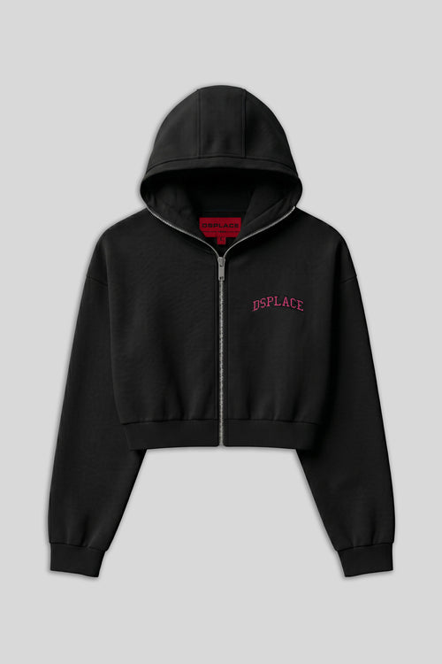 Zyra Cropped Zipper Hoodie - Black University Logo