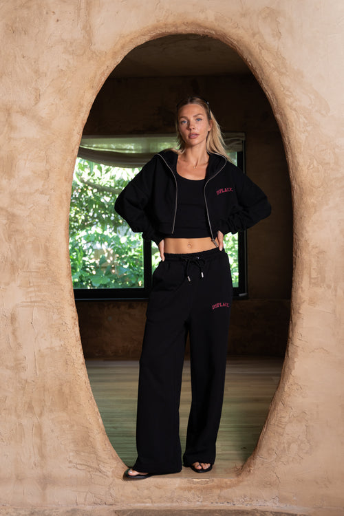 Zyra Cropped Zipper Hoodie - Black University Logo