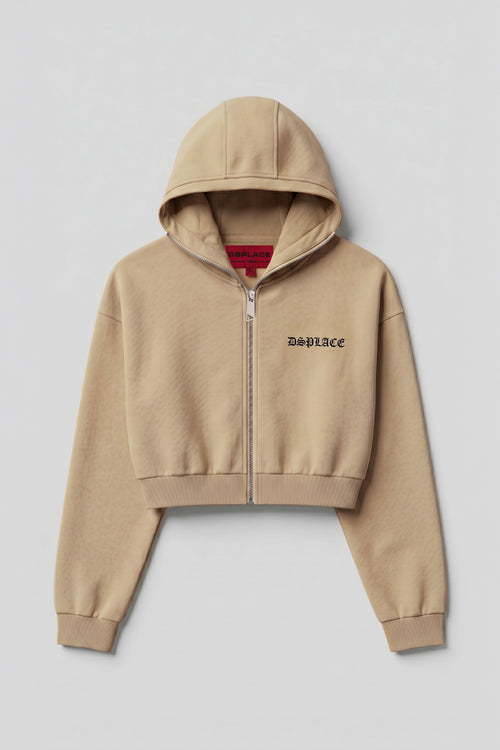 Zyra Cropped Zipper Hoodie - Tan