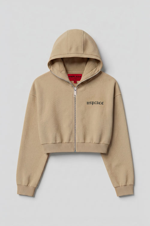 Zyra Cropped Zipper Hoodie - Tan