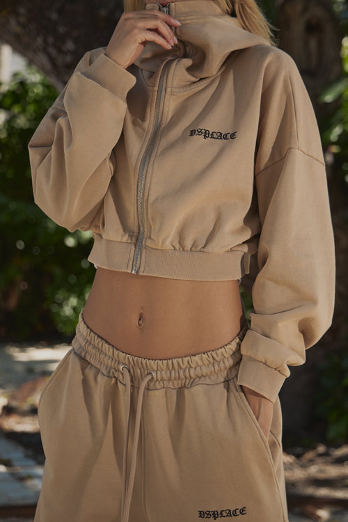 Zyra Cropped Zipper Hoodie - Tan