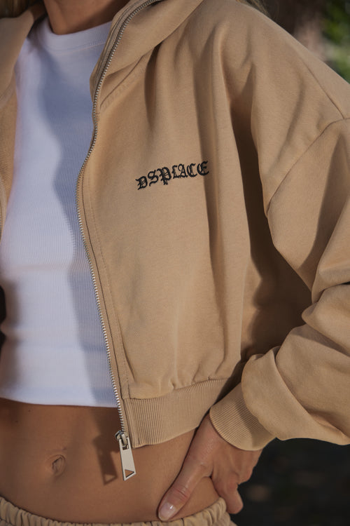 Zyra Cropped Zipper Hoodie - Tan